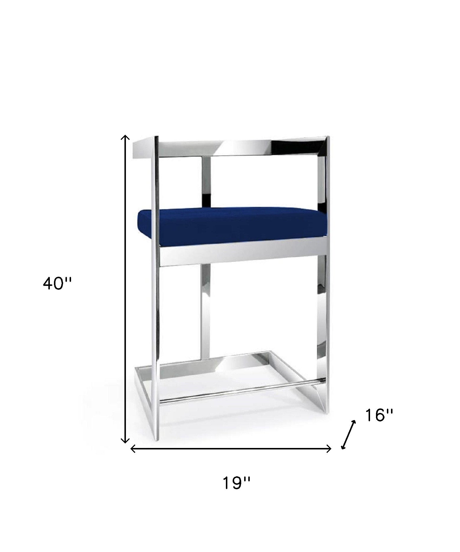 30" Blue and Silver Metal and Velvet Low Back Bar Height Bar Chair-5