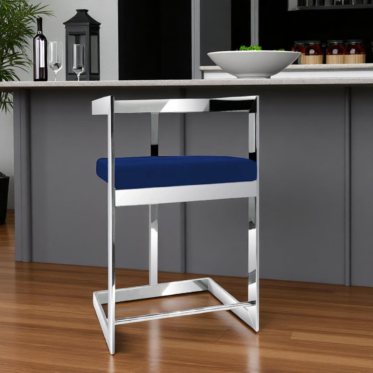 30" Blue and Silver Metal and Velvet Low Back Bar Height Bar Chair-0