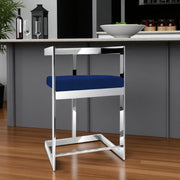 30" Blue and Silver Metal and Velvet Low Back Bar Height Bar Chair-0