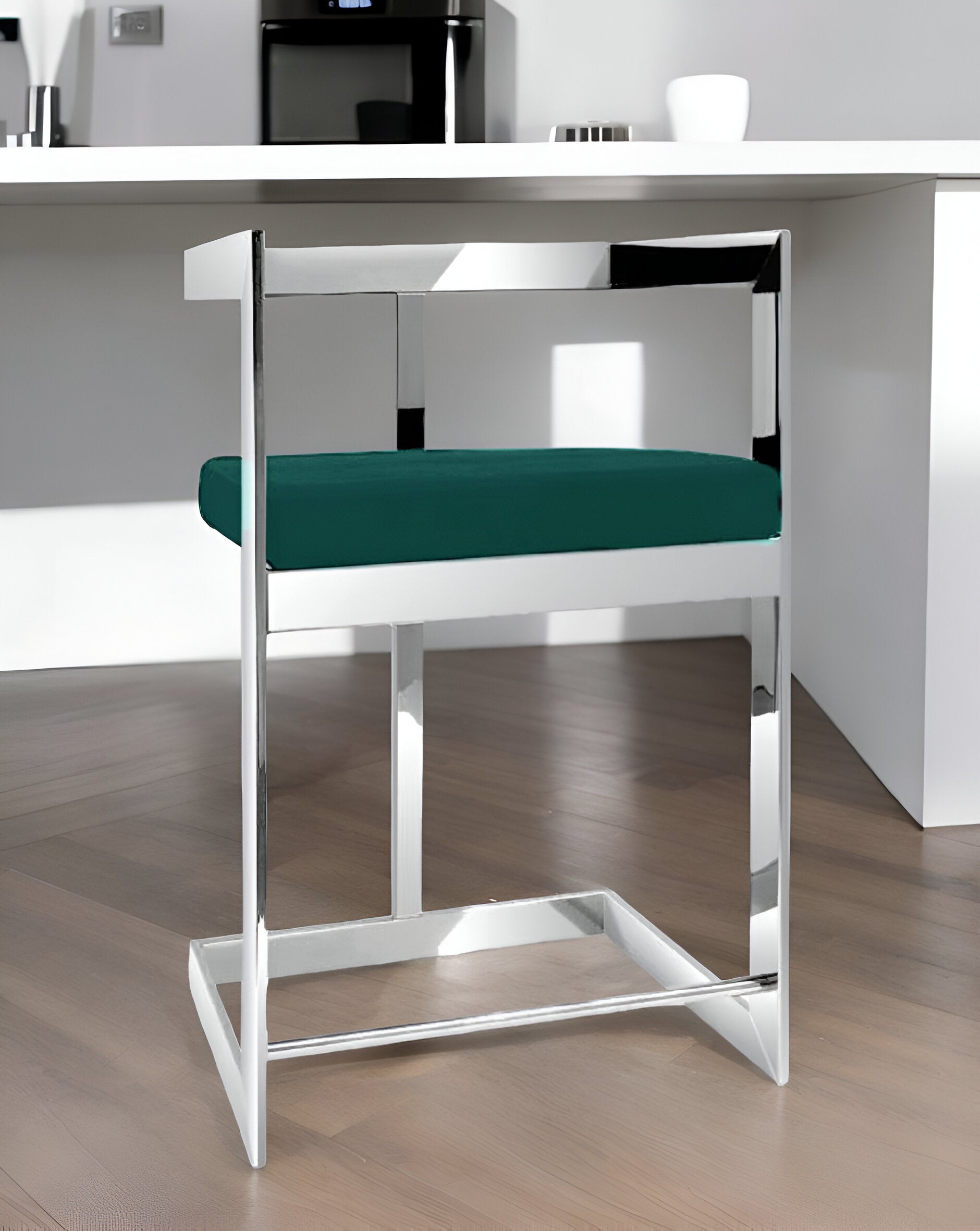 26" Green and Silver Velvet and Stainless Steel Low Back Counter Height Bar Chair-0