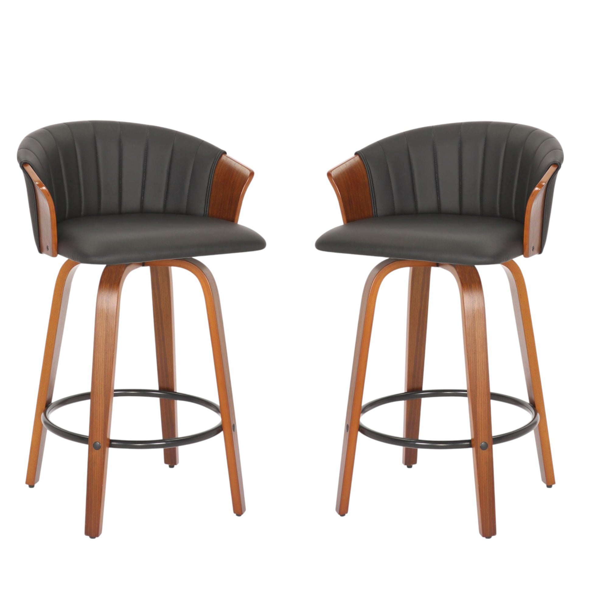 Set of Two 26" Black and Brown Faux Leather and Solid Wood Low Back Counter Height Bar Chairs-1