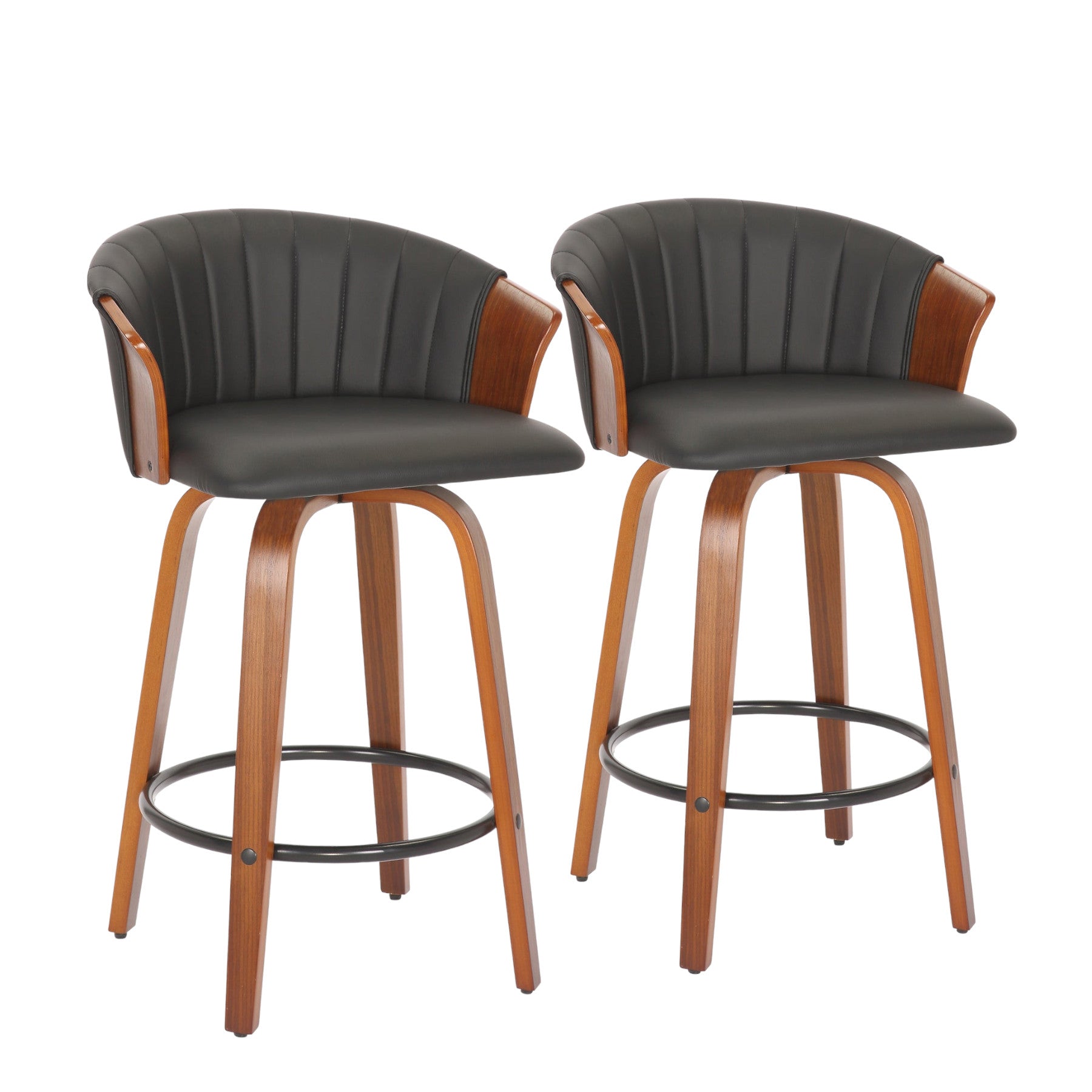 Set of Two 26" Black and Brown Faux Leather and Solid Wood Low Back Counter Height Bar Chairs-2