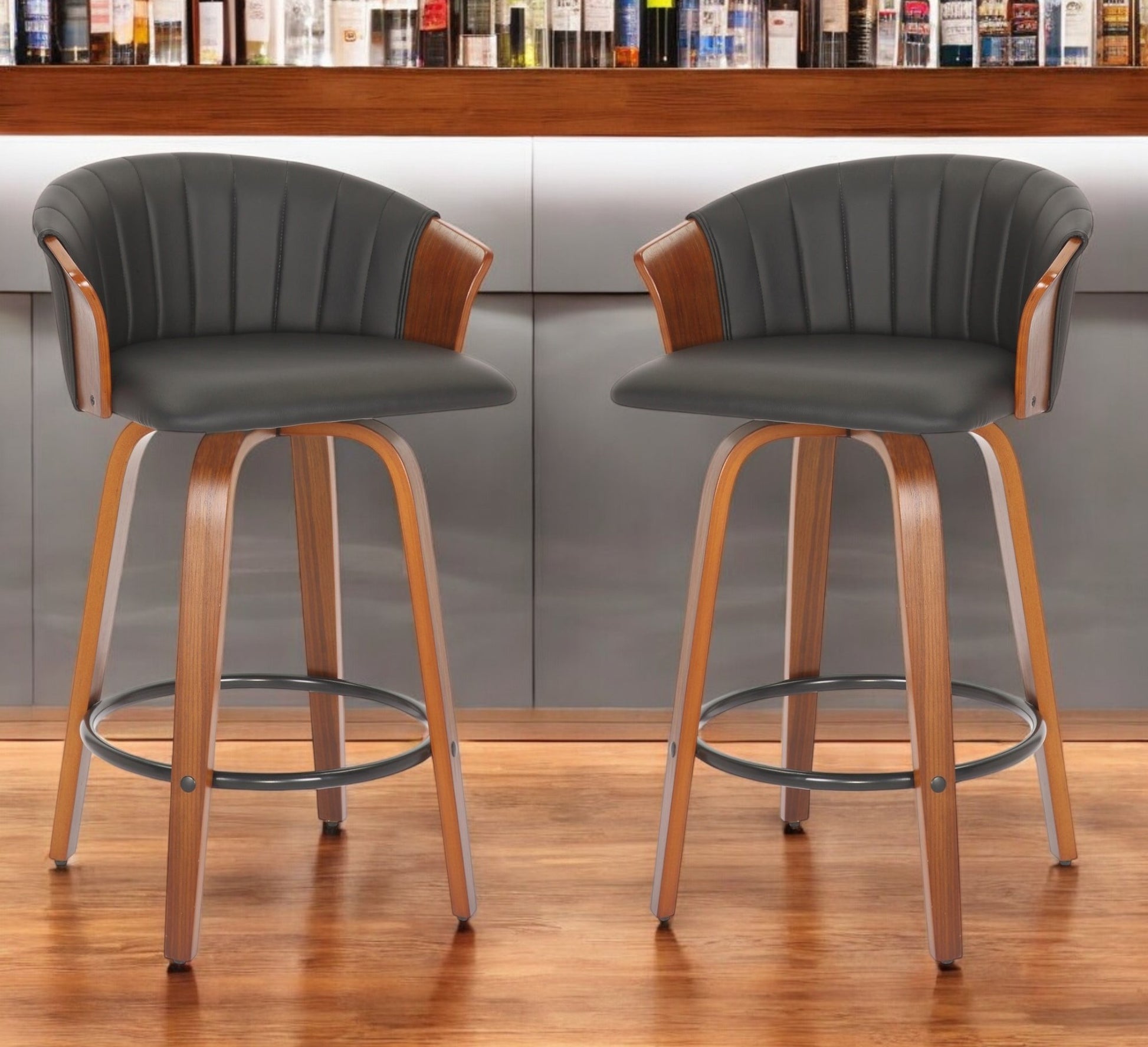 Set of Two 26" Black and Brown Faux Leather and Solid Wood Low Back Counter Height Bar Chairs-0