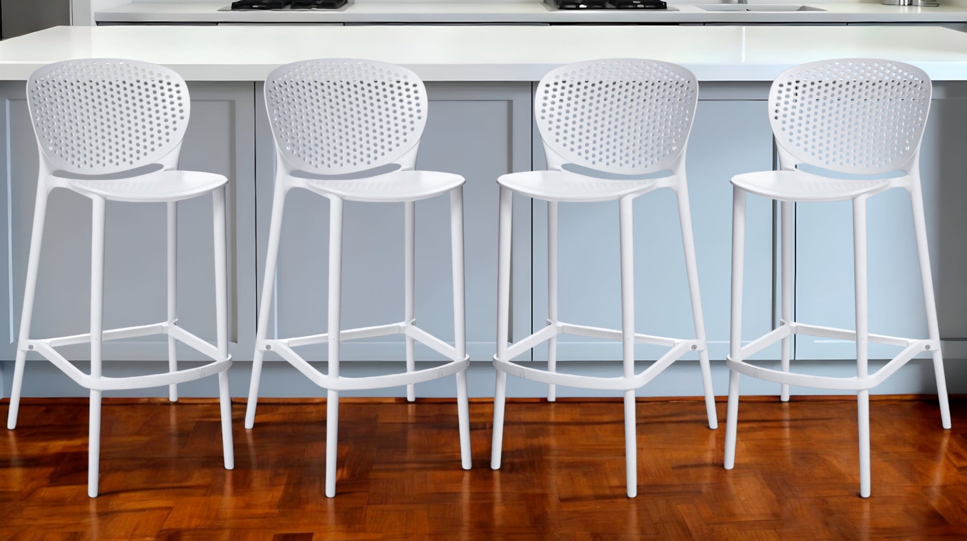 Set of Four 30" White Heavy Duty Plastic Low Back Bar Height Bar Chairs-0