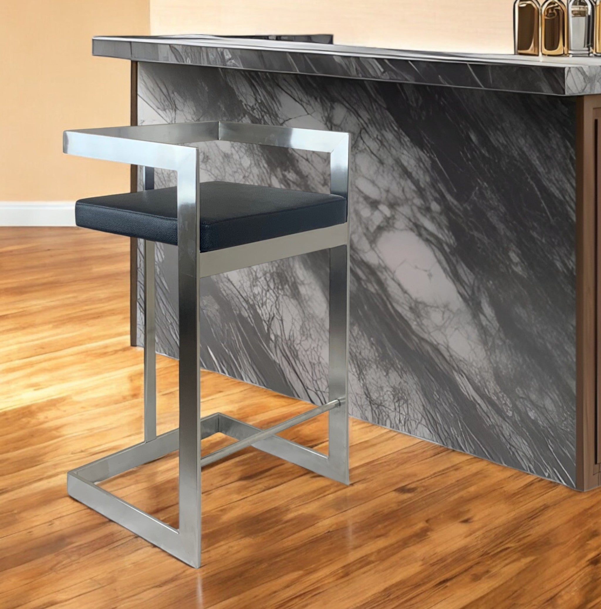 26" Black and Silver Faux Leather and Metal Low Back Counter Height Bar Chair-0