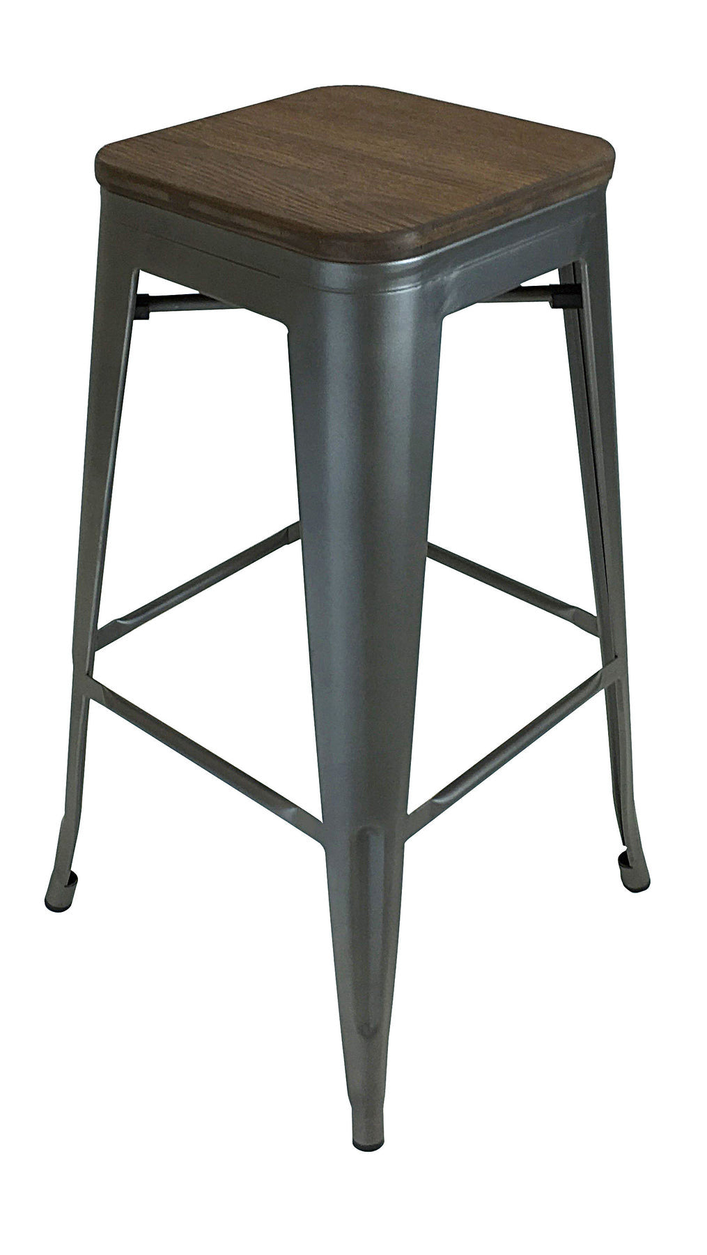 Set of Four 30" Brown and Gunmetal Solid Wood and Metal Backless Bar Height Bar Chairs-2