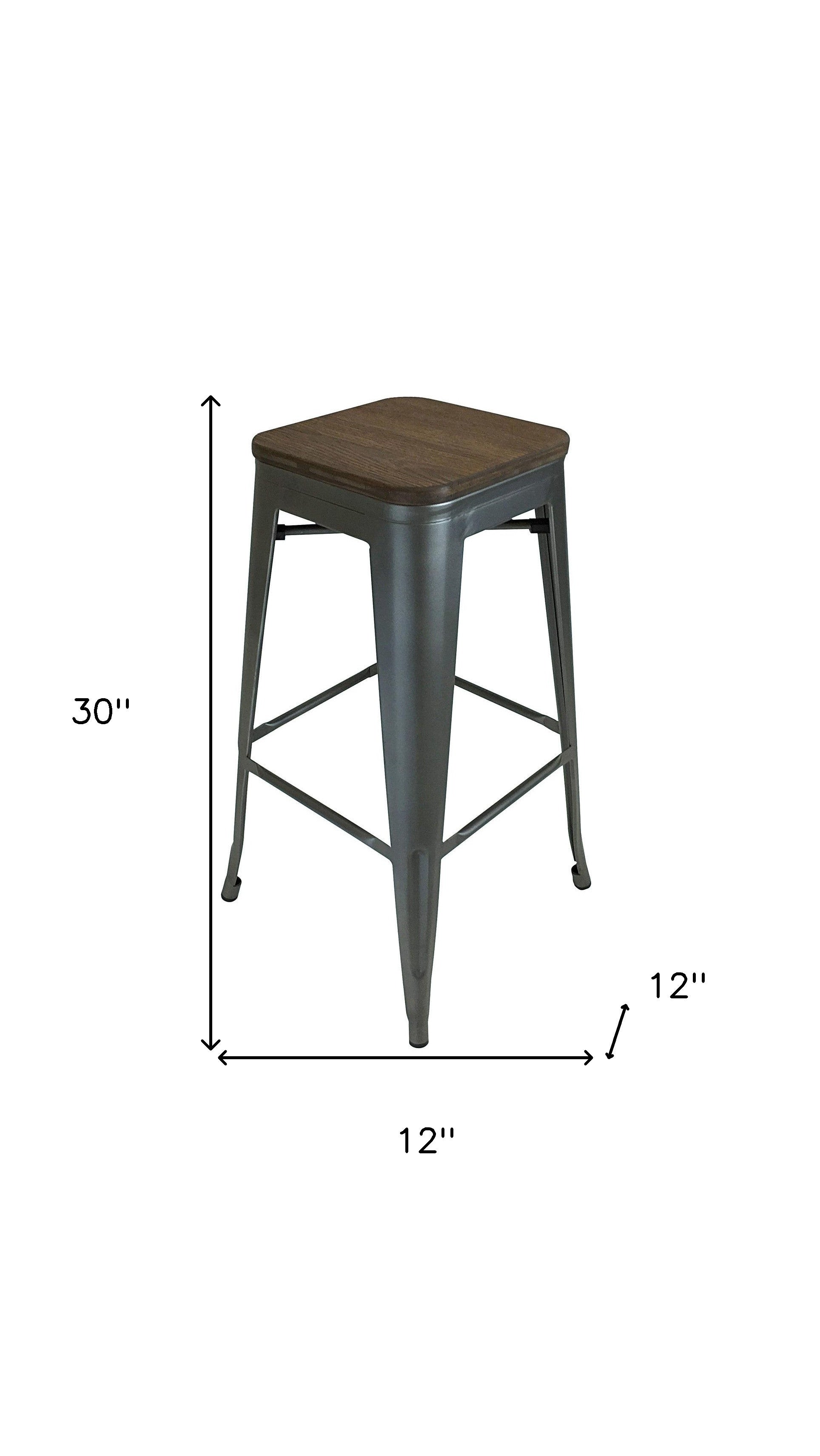 Set of Four 30" Brown and Gunmetal Solid Wood and Metal Backless Bar Height Bar Chairs-4