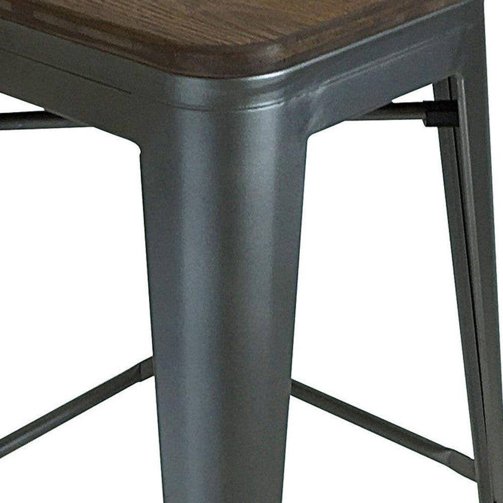 Set of Four 30" Brown and Gunmetal Solid Wood and Metal Backless Bar Height Bar Chairs-3