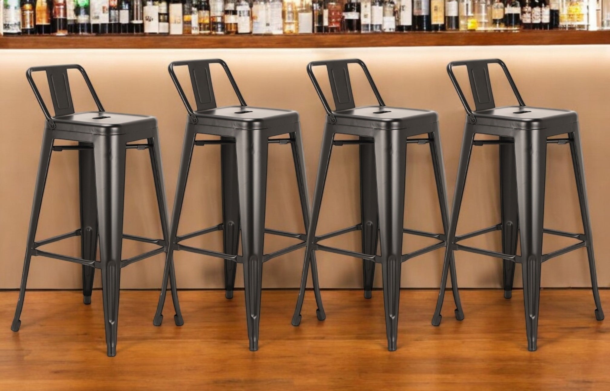 Set of Four 30" Black Steel and Metal Low Back Bar Height Bar Chairs-0