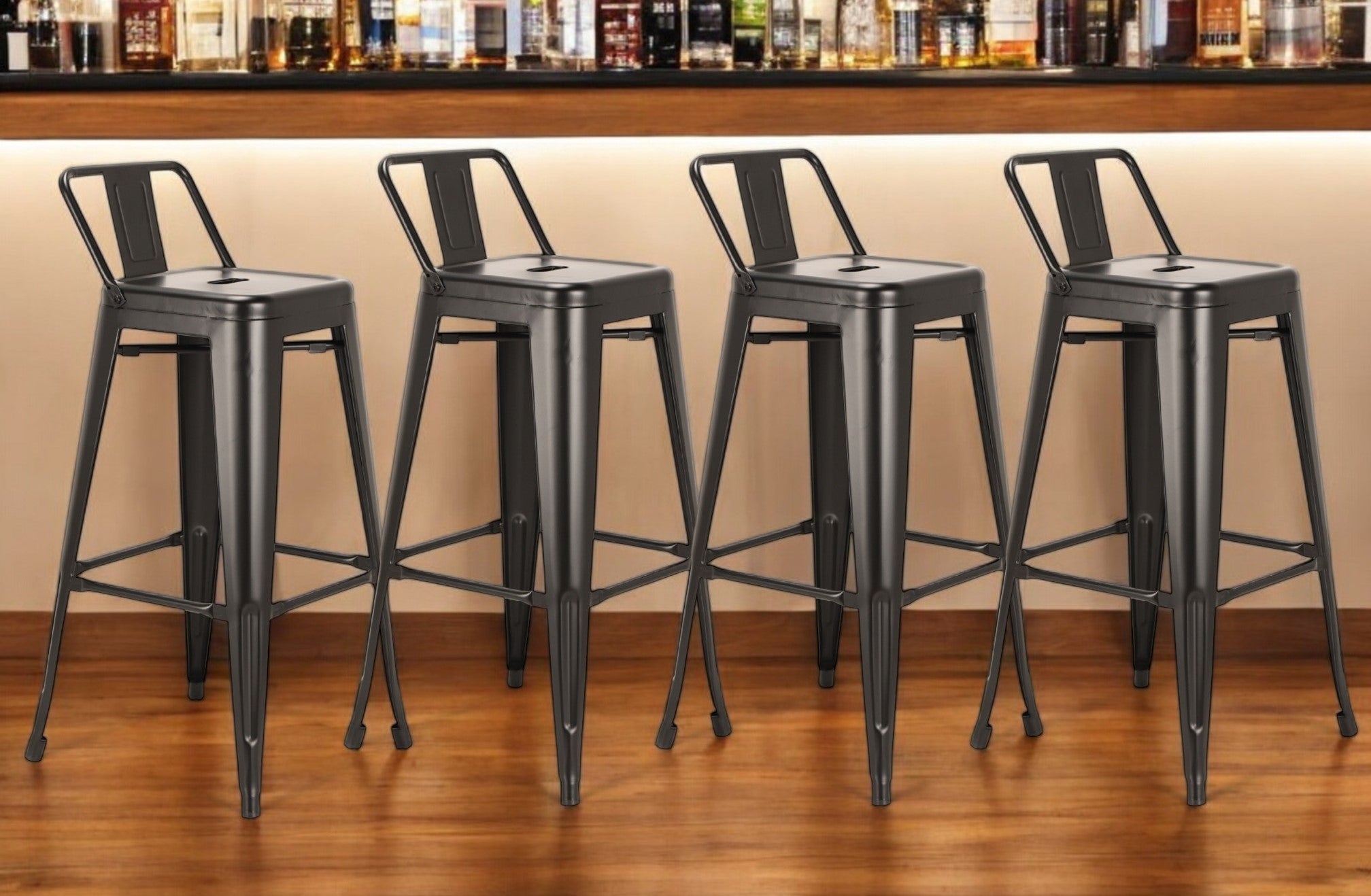 Set of Four 30" Black Steel and Metal Low Back Bar Height Bar Chairs-1