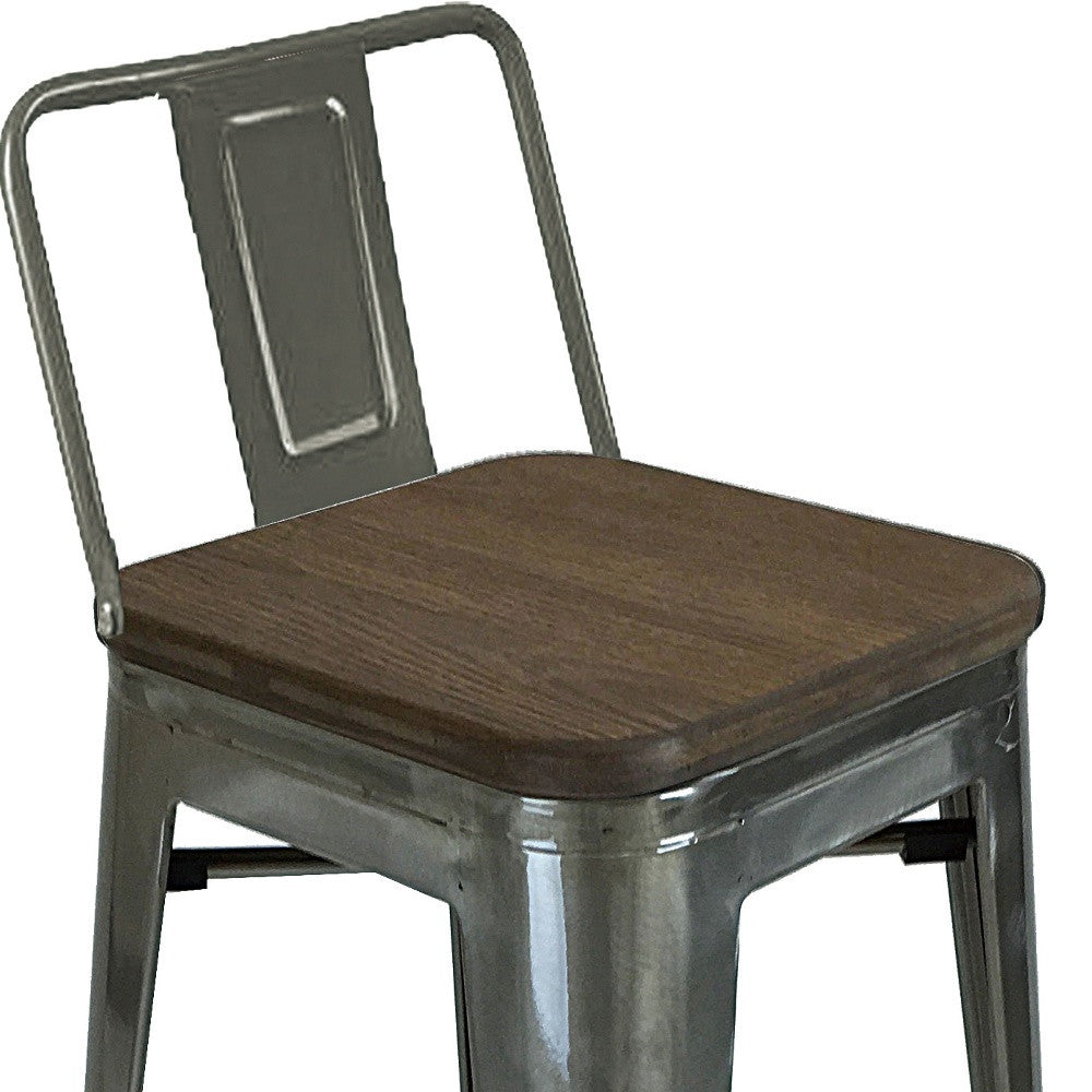 Set of Four 30" Brown and Gray Solid Wood and Metal Low Back Bar Height Bar Chairs-4