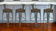 Set of Four 30" Brown and Gray Solid Wood and Metal Low Back Bar Height Bar Chairs-0