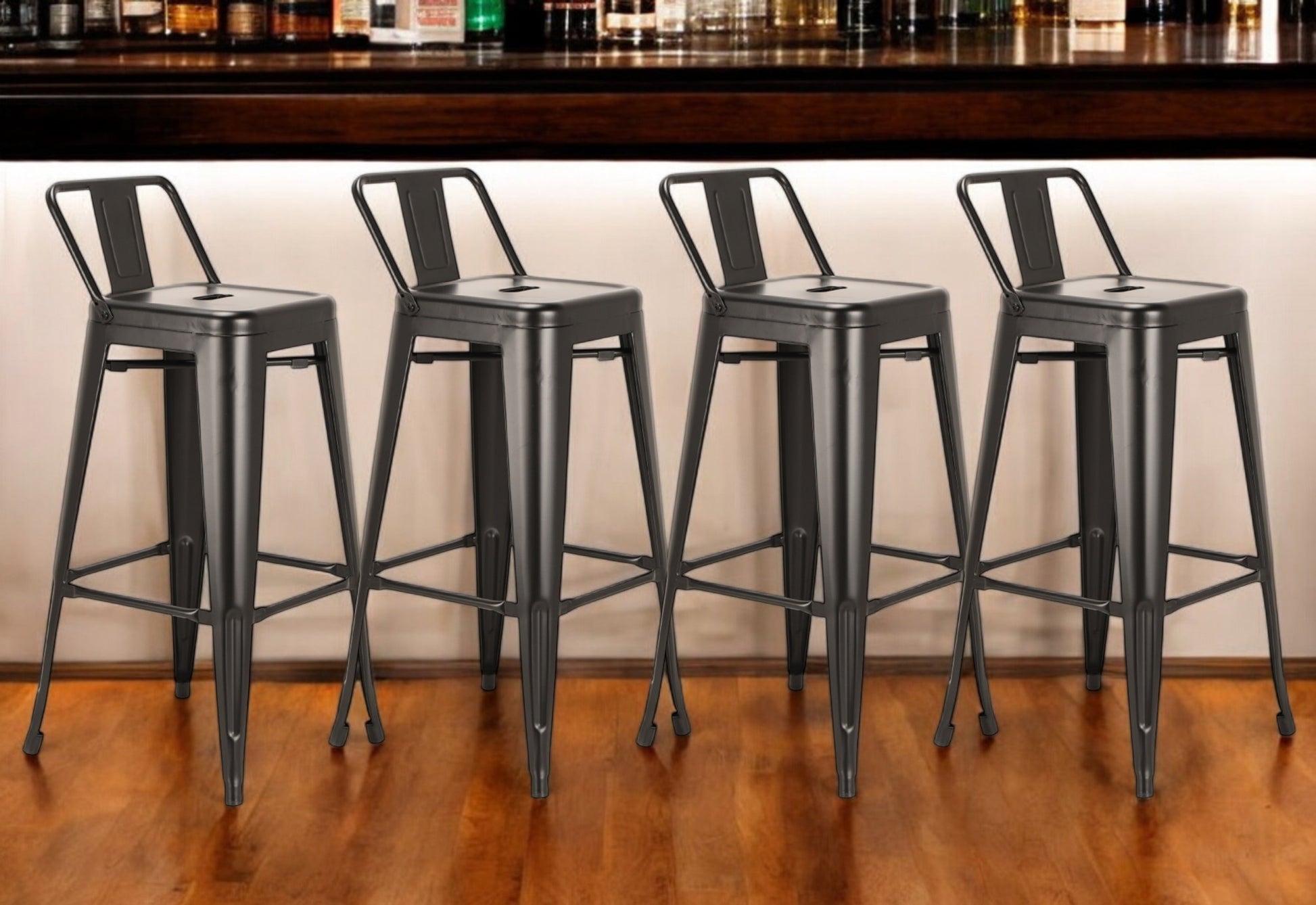 Set of Four 26" Black Steel and Metal Low Back Counter Height Bar Chairs-0