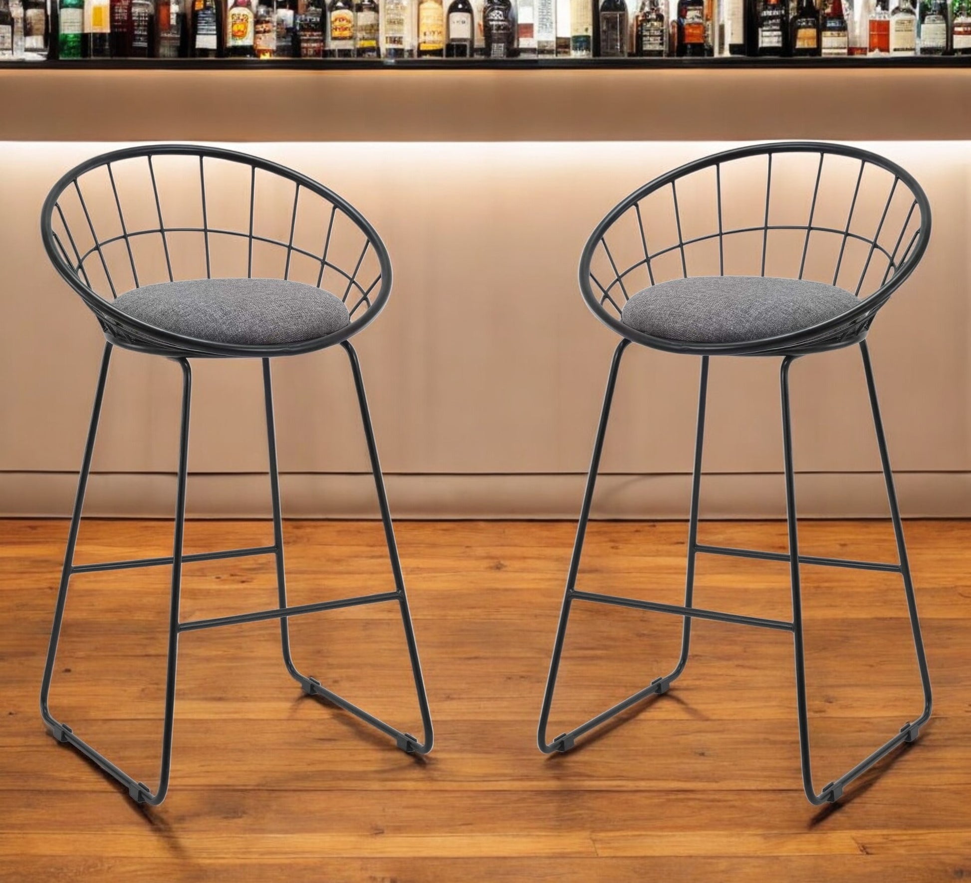Set of Two 26" Gray and Black Fabric and Metal Low Back Counter Height Bar Chairs-0