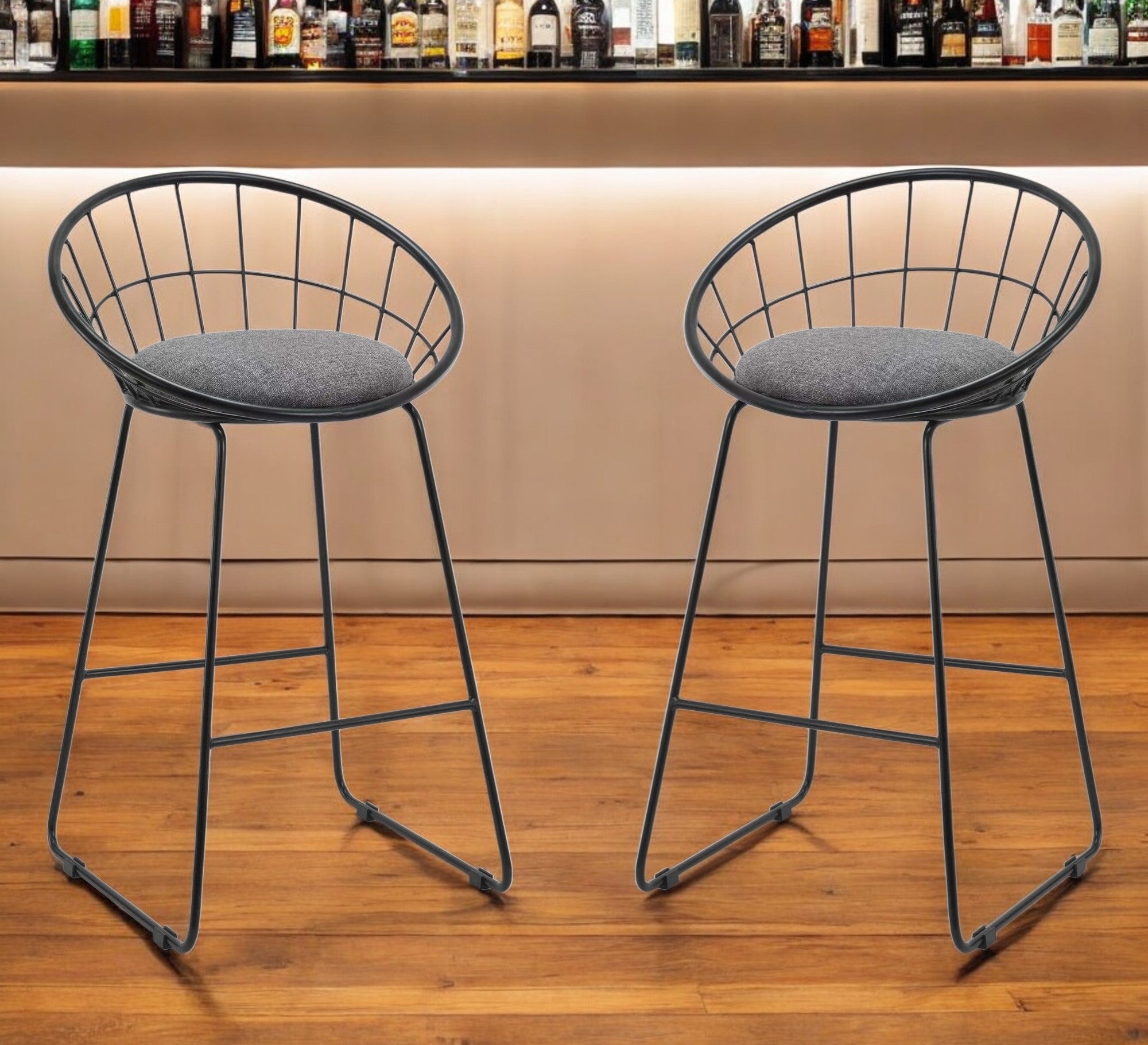 Set of Two 26" Gray and Black Fabric and Metal Low Back Counter Height Bar Chairs-0