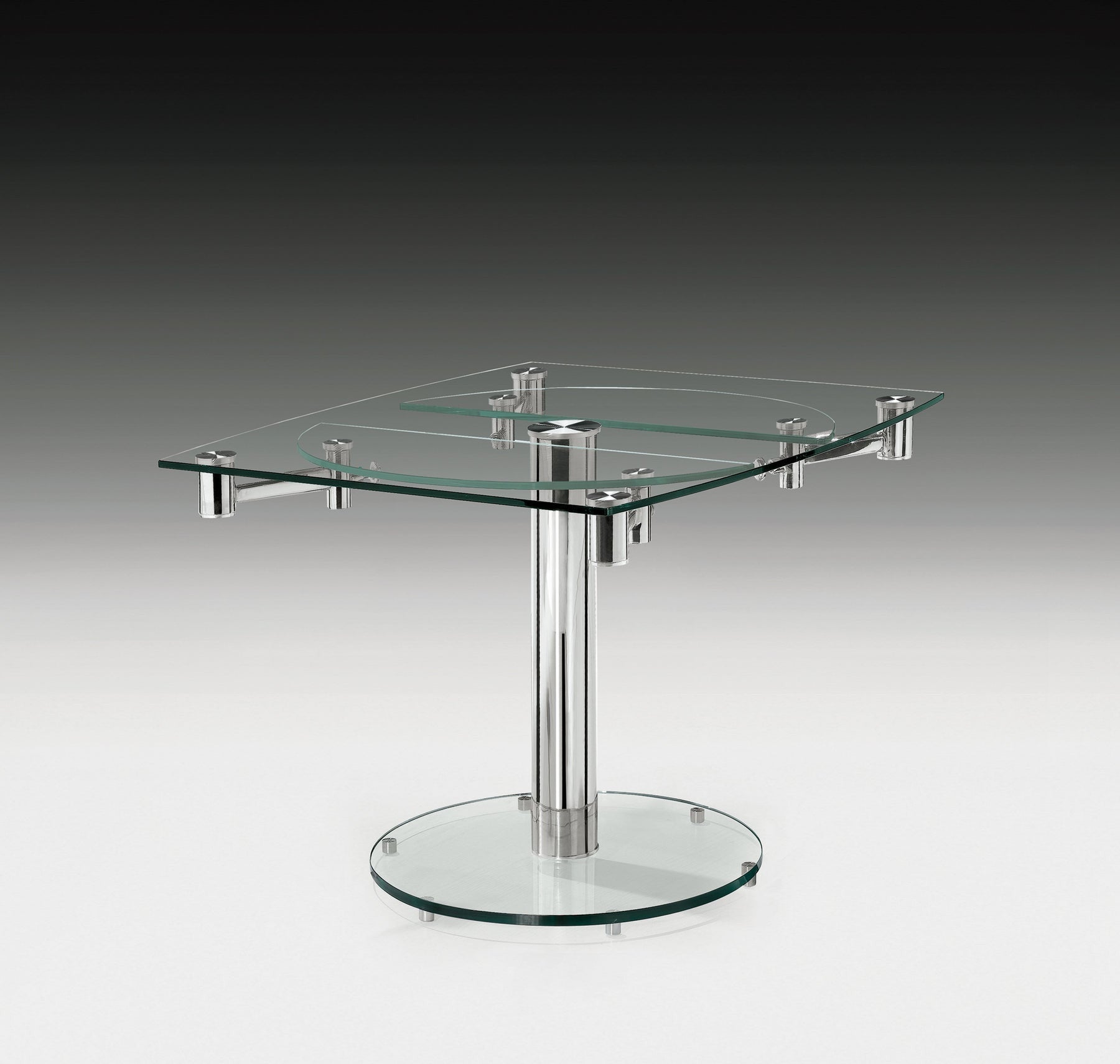 40" Clear and Silver Glass and Metal Self-Storing Leaf Motion Extendable Dining Table-5