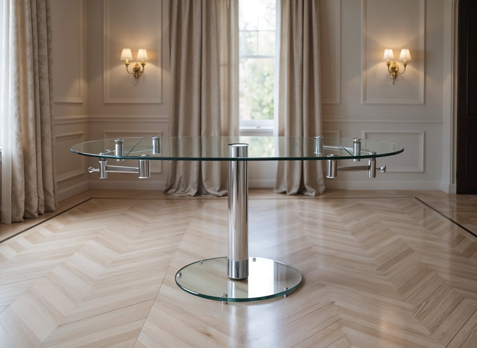 40" Clear and Silver Glass and Metal Self-Storing Leaf Motion Extendable Dining Table-1