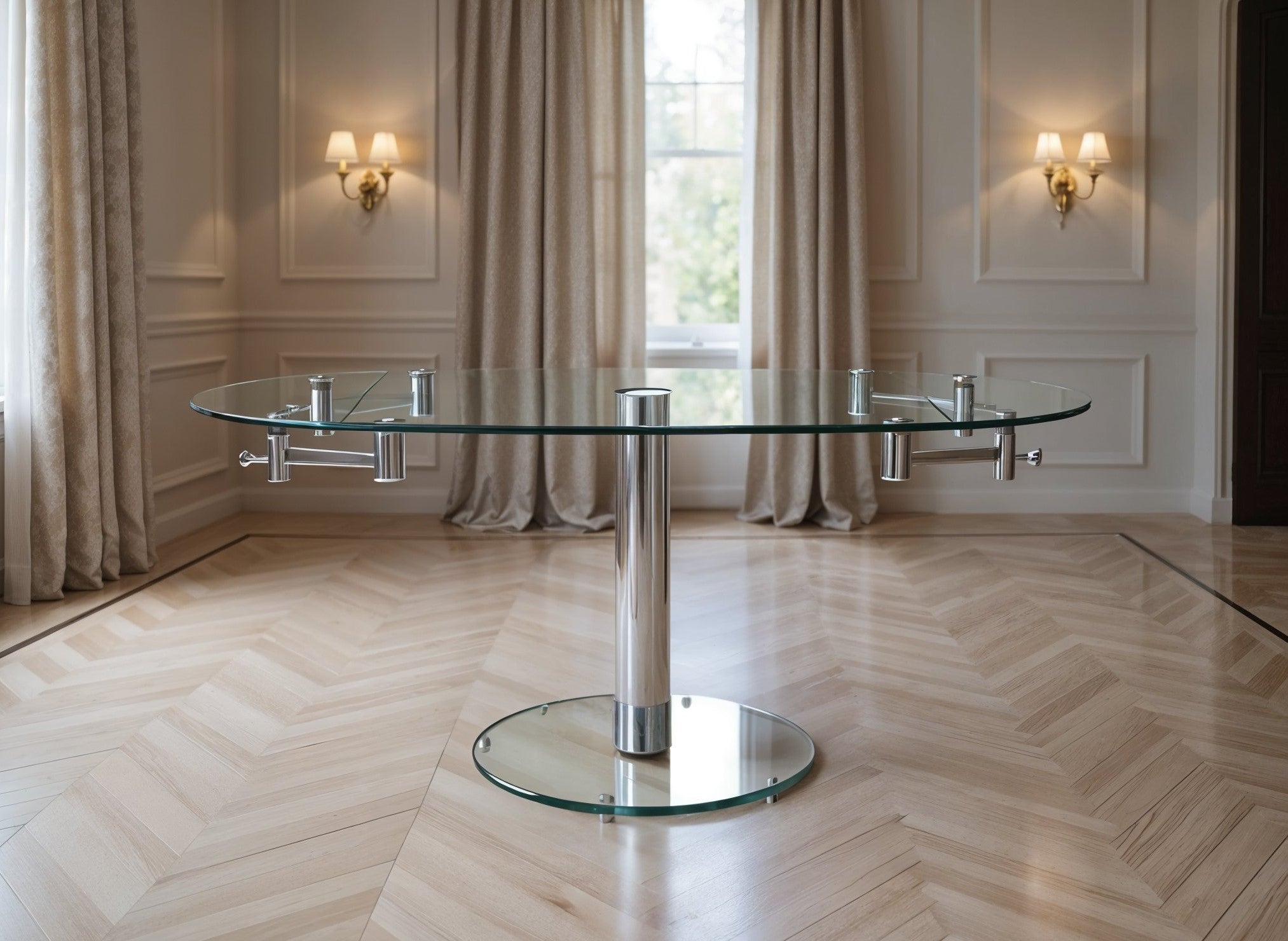 40" Clear and Silver Glass and Metal Self-Storing Leaf Motion Extendable Dining Table-1