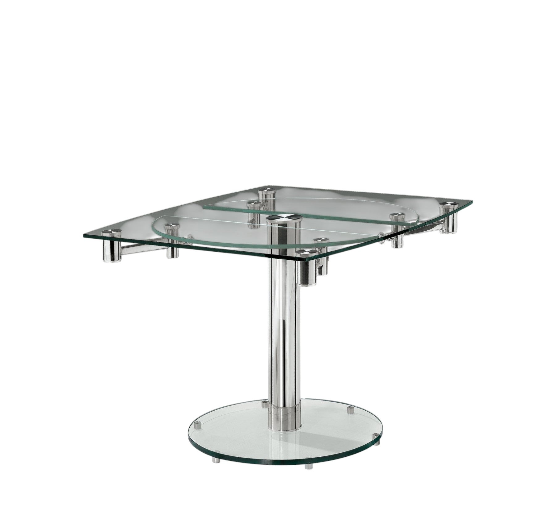40" Clear and Silver Glass and Metal Self-Storing Leaf Motion Extendable Dining Table-0
