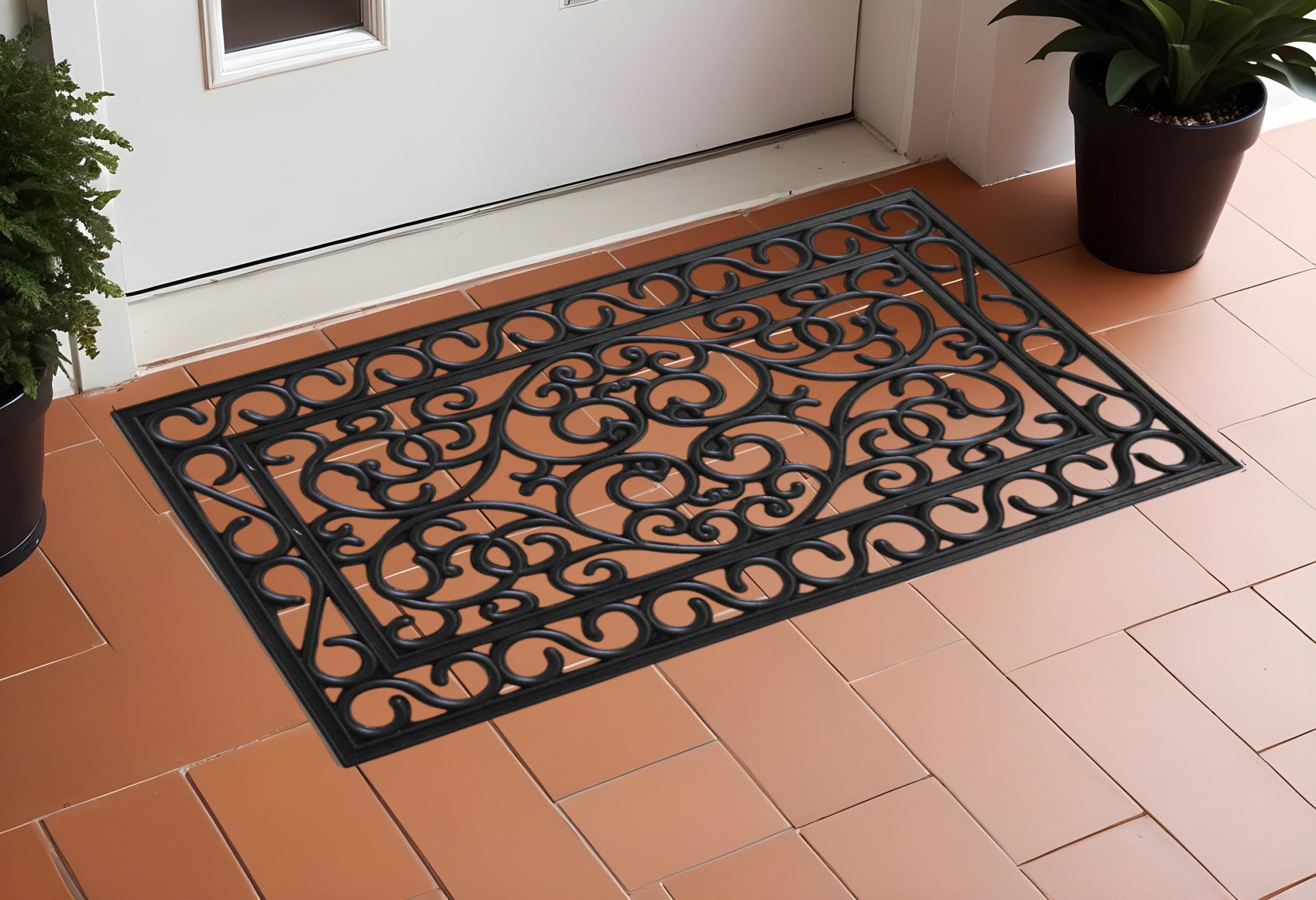 18" X 30" Black Rubber Scrollwork Outdoor Door Mat-0