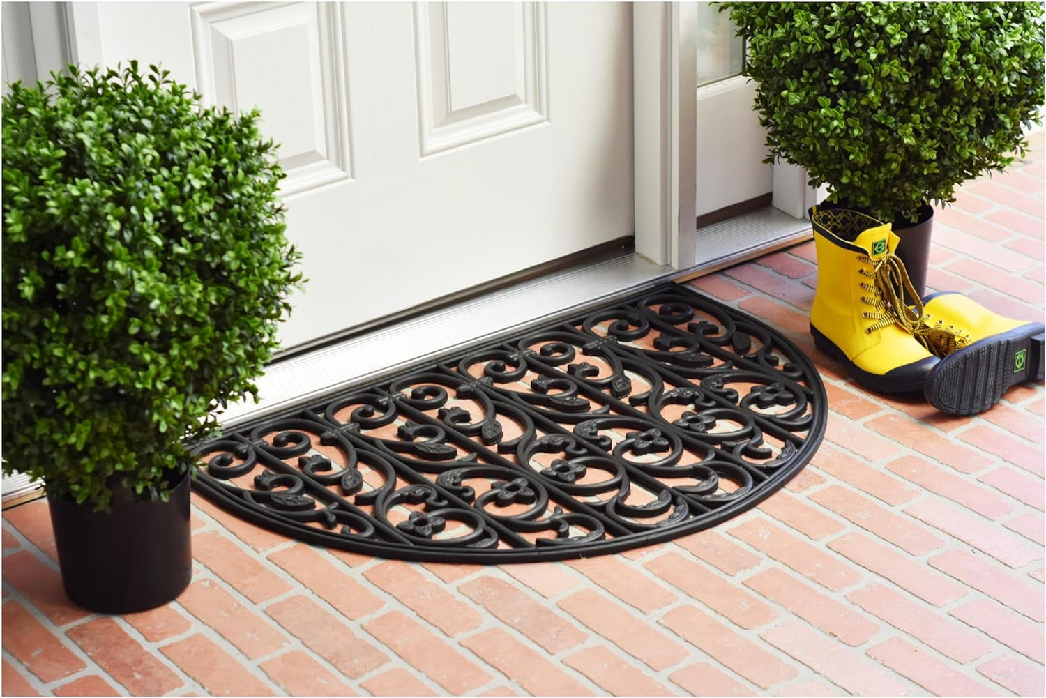 24" X 36" Black Rubber Scrollwork Outdoor Semi Circle Door Mat-5