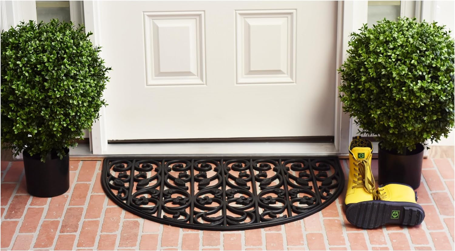 24" X 36" Black Rubber Scrollwork Outdoor Semi Circle Door Mat-6