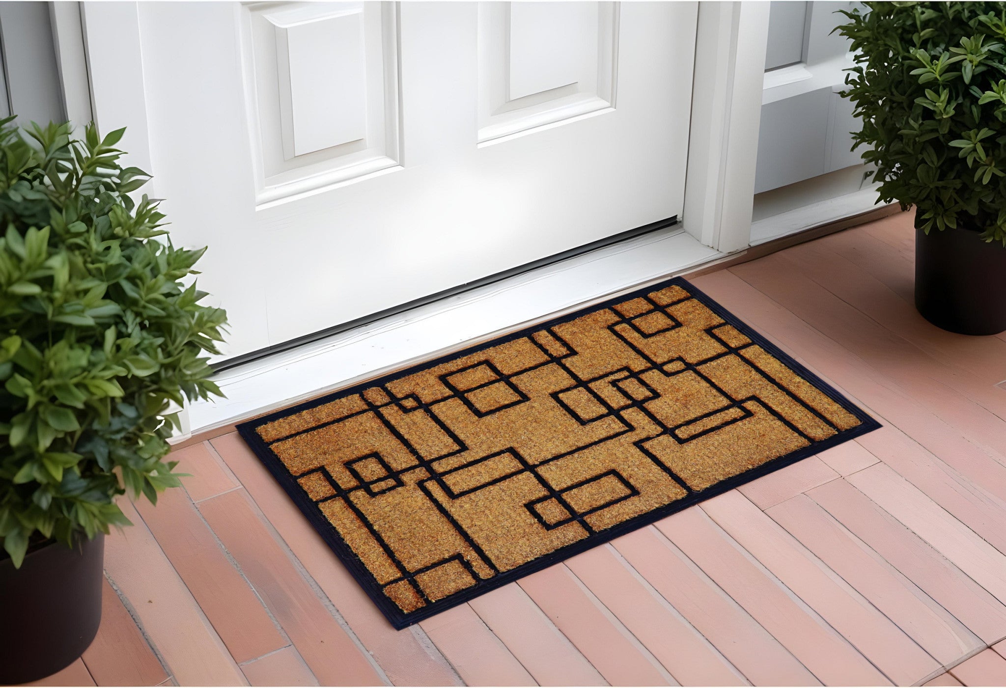 24" X 36" Natural and Black Coir Geometric Outdoor Door Mat-1