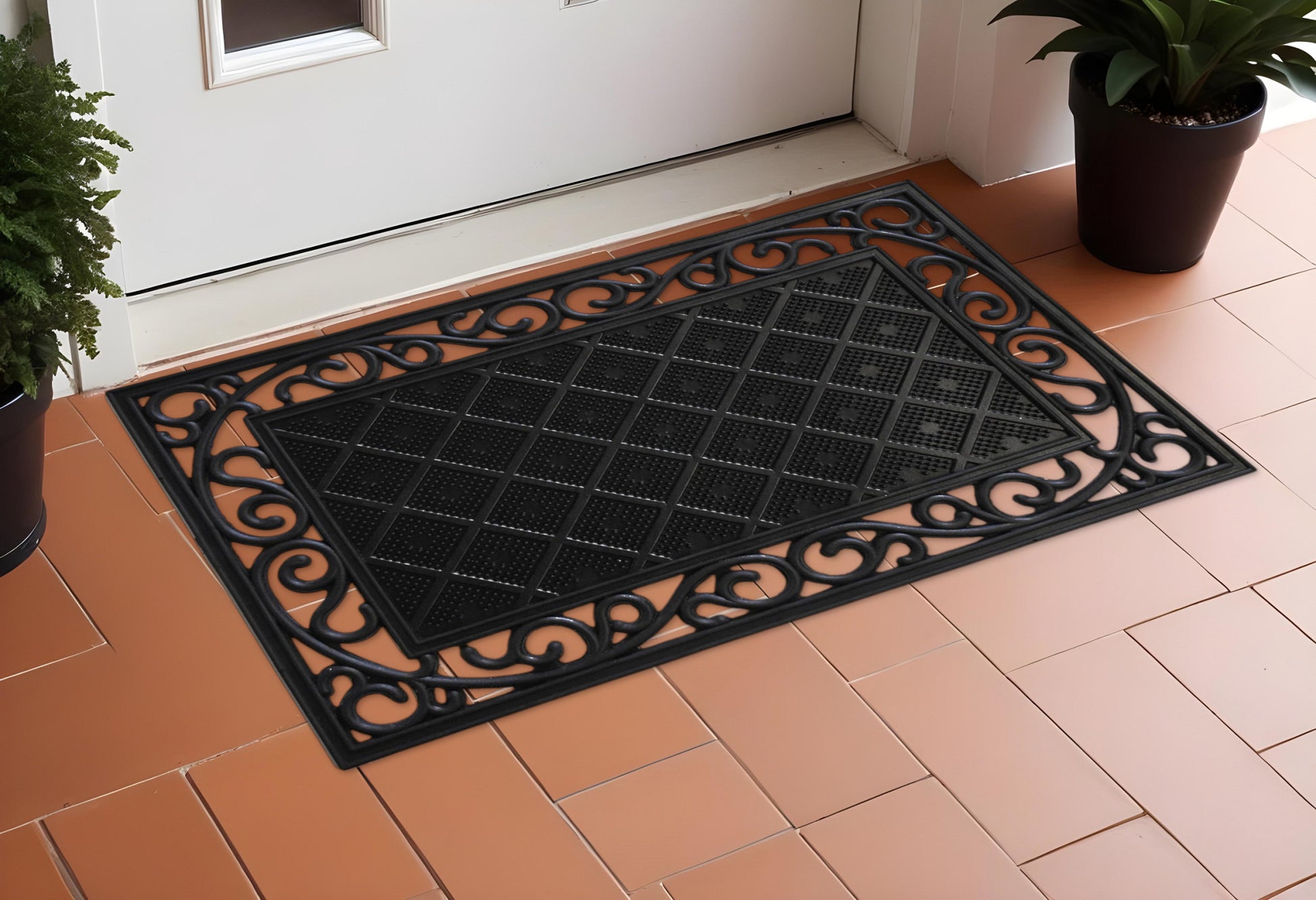 18" X 30" Black Rubber Geometric Outdoor Door Mat-0