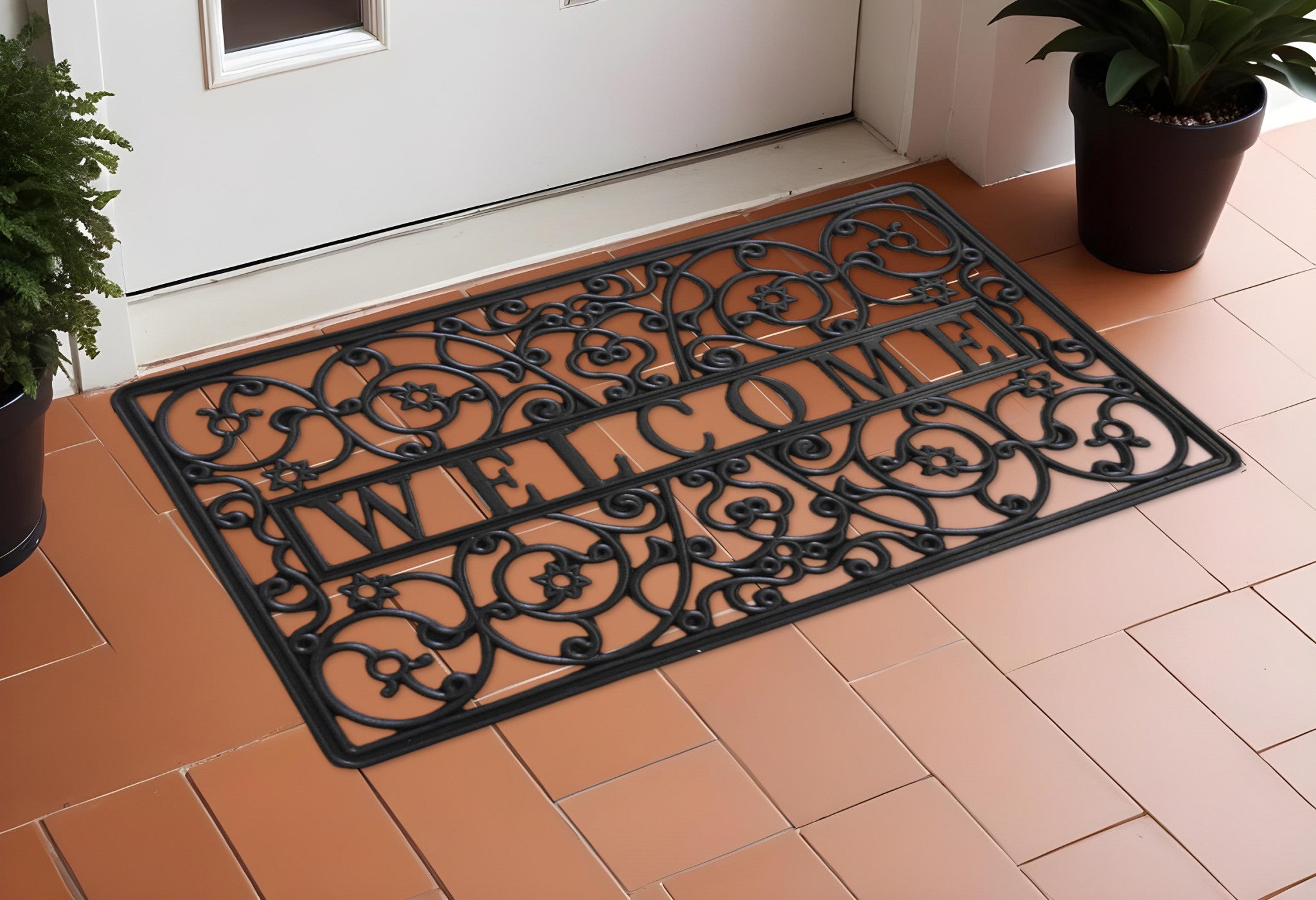 18" X 30" Black Rubber Scrollwork Welcome Outdoor Door Mat-0
