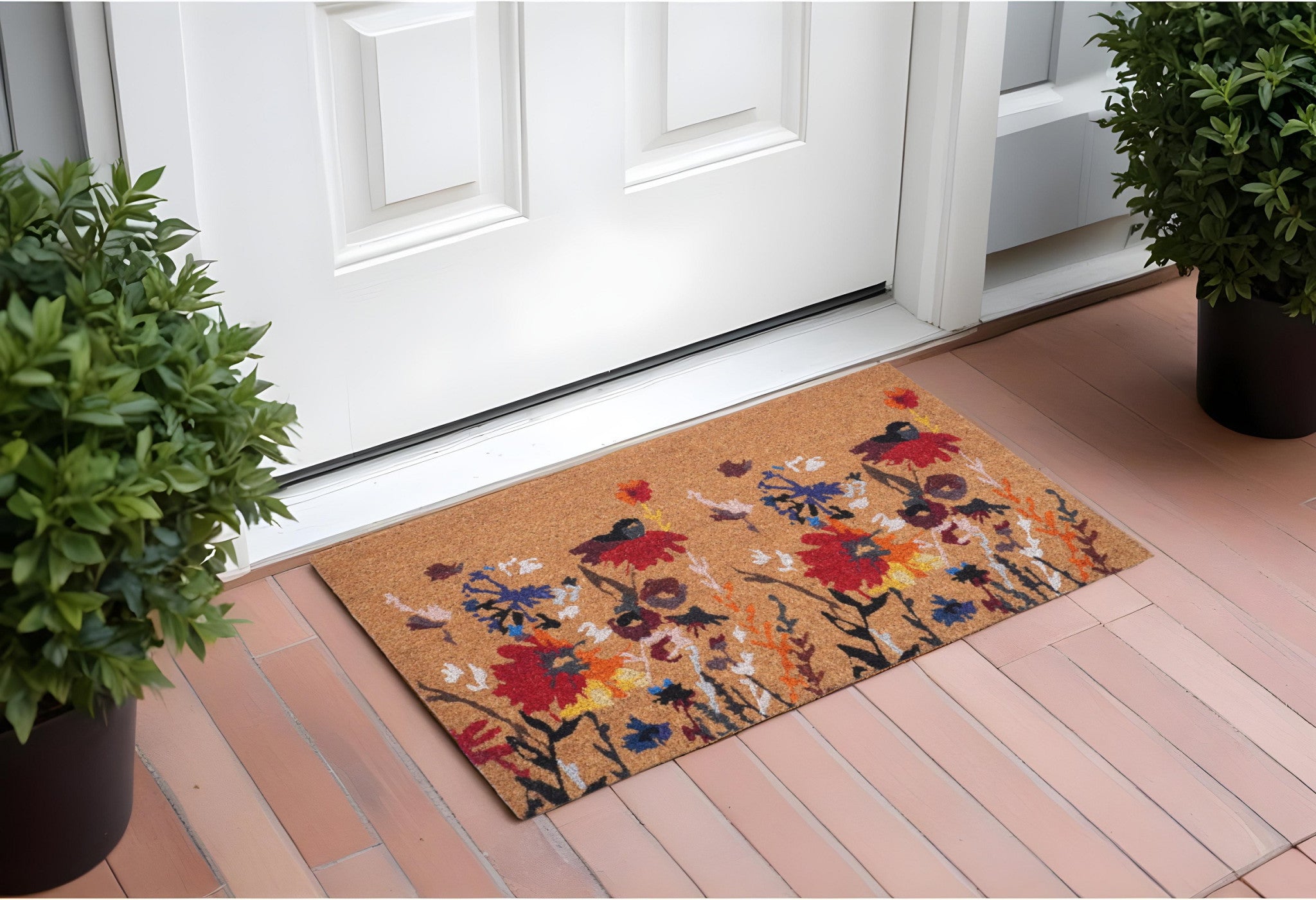 17" X 29" Natural Red and Yellow Coir Floral Outdoor Door Mat-0