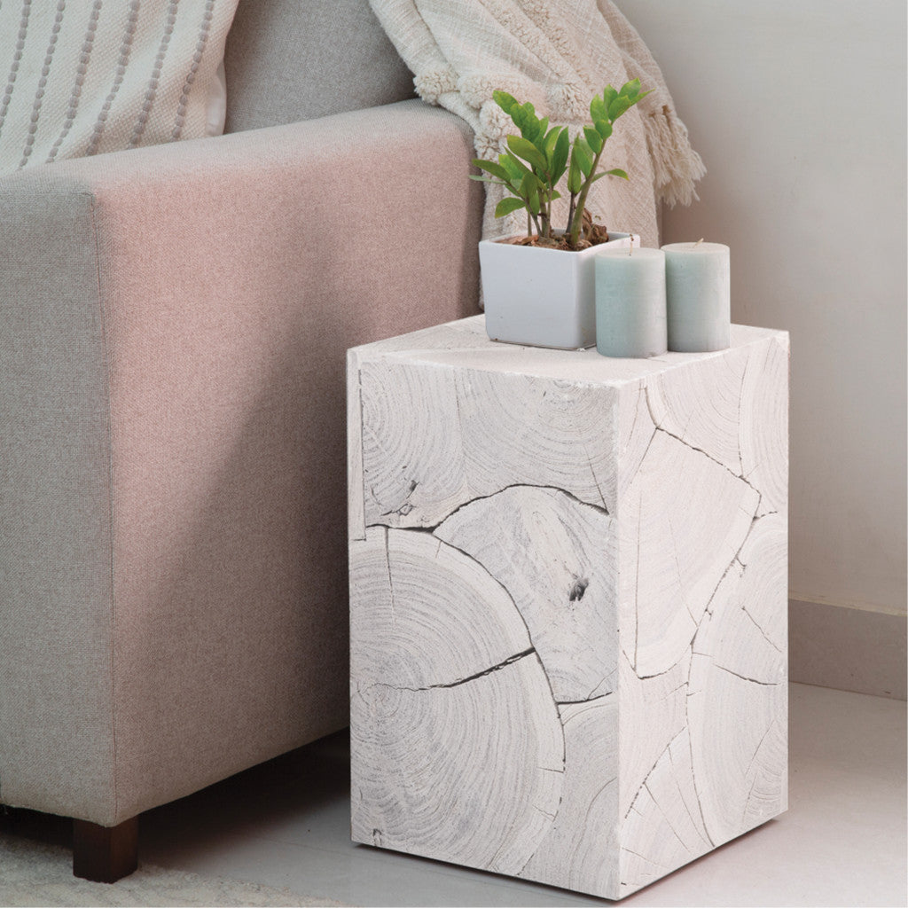 20" Whitewash Solid Wood Block Handmade Square End Table-End-Side Tables-DECOROLALA