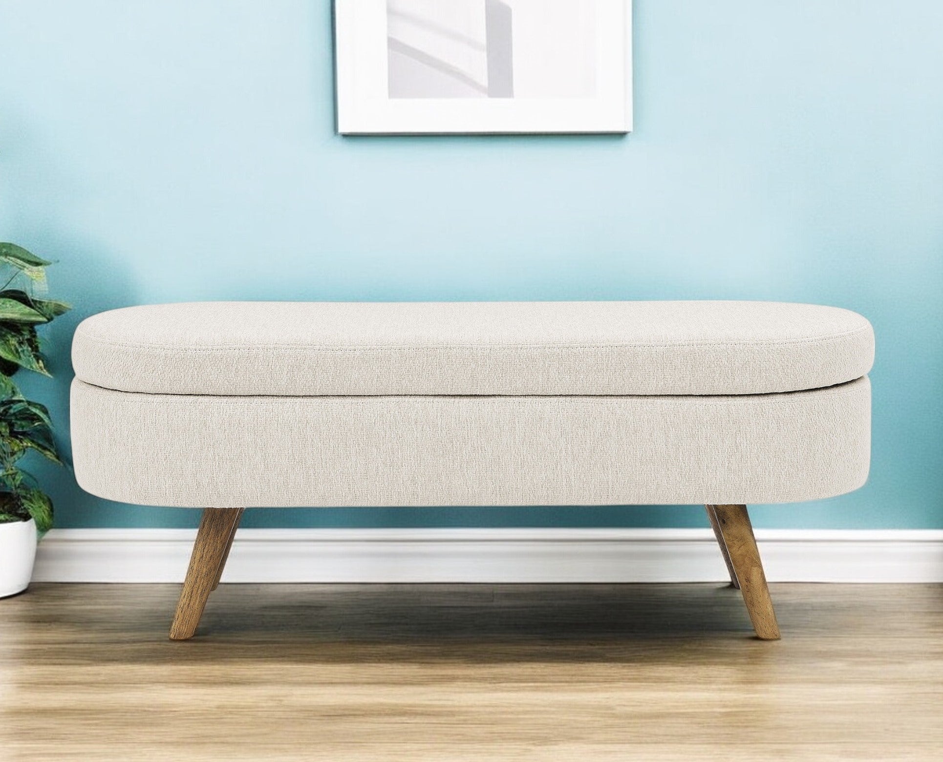 44" Beige and Brown Linen Upholstered Storage Bench with Flip Top-Benches-DECOROLALA