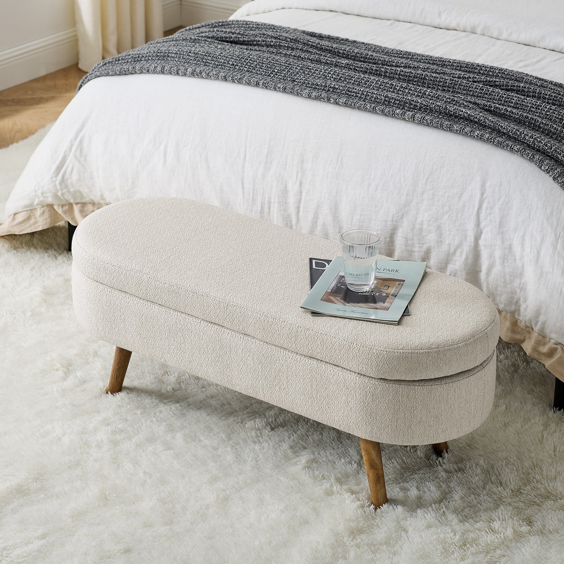 44" Beige and Brown Linen Upholstered Storage Bench with Flip Top-Benches-DECOROLALA