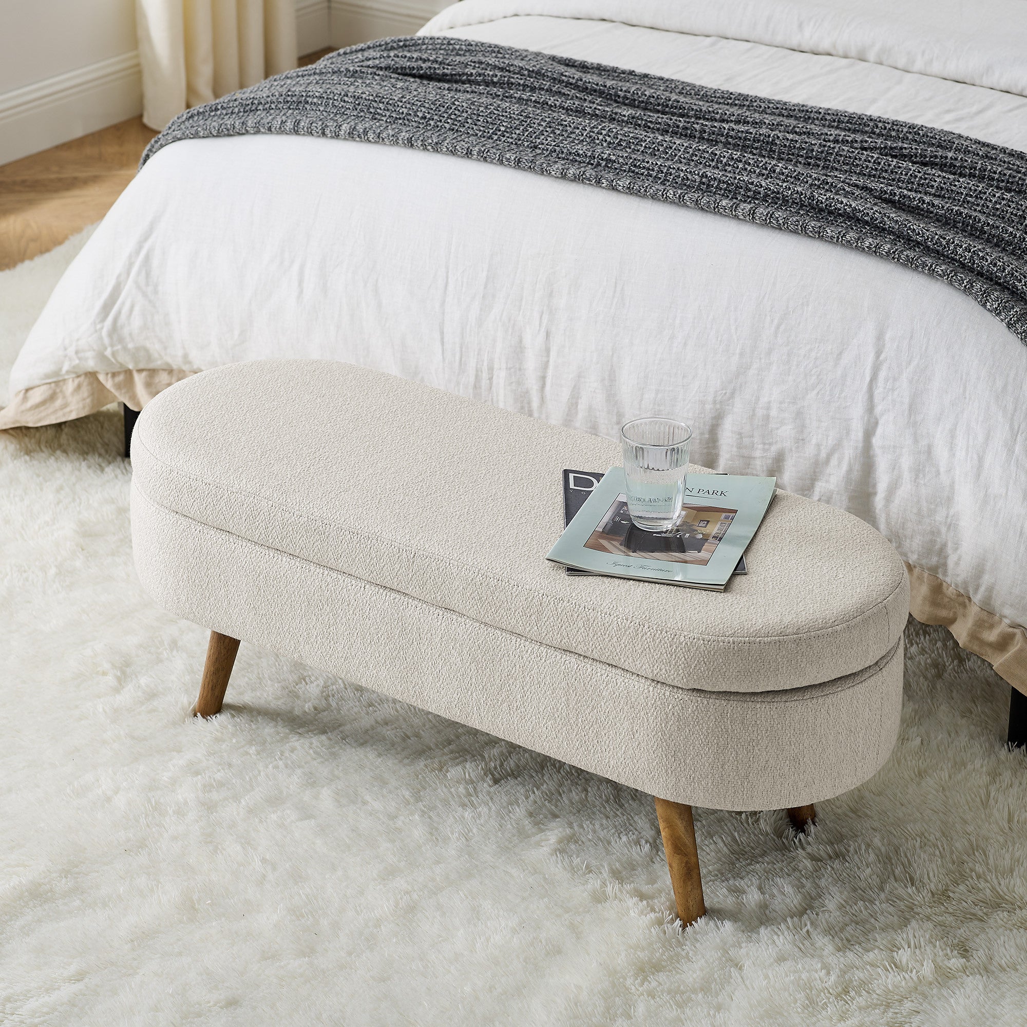 44" Beige and Brown Linen Upholstered Storage Bench with Flip Top-Benches-DECOROLALA