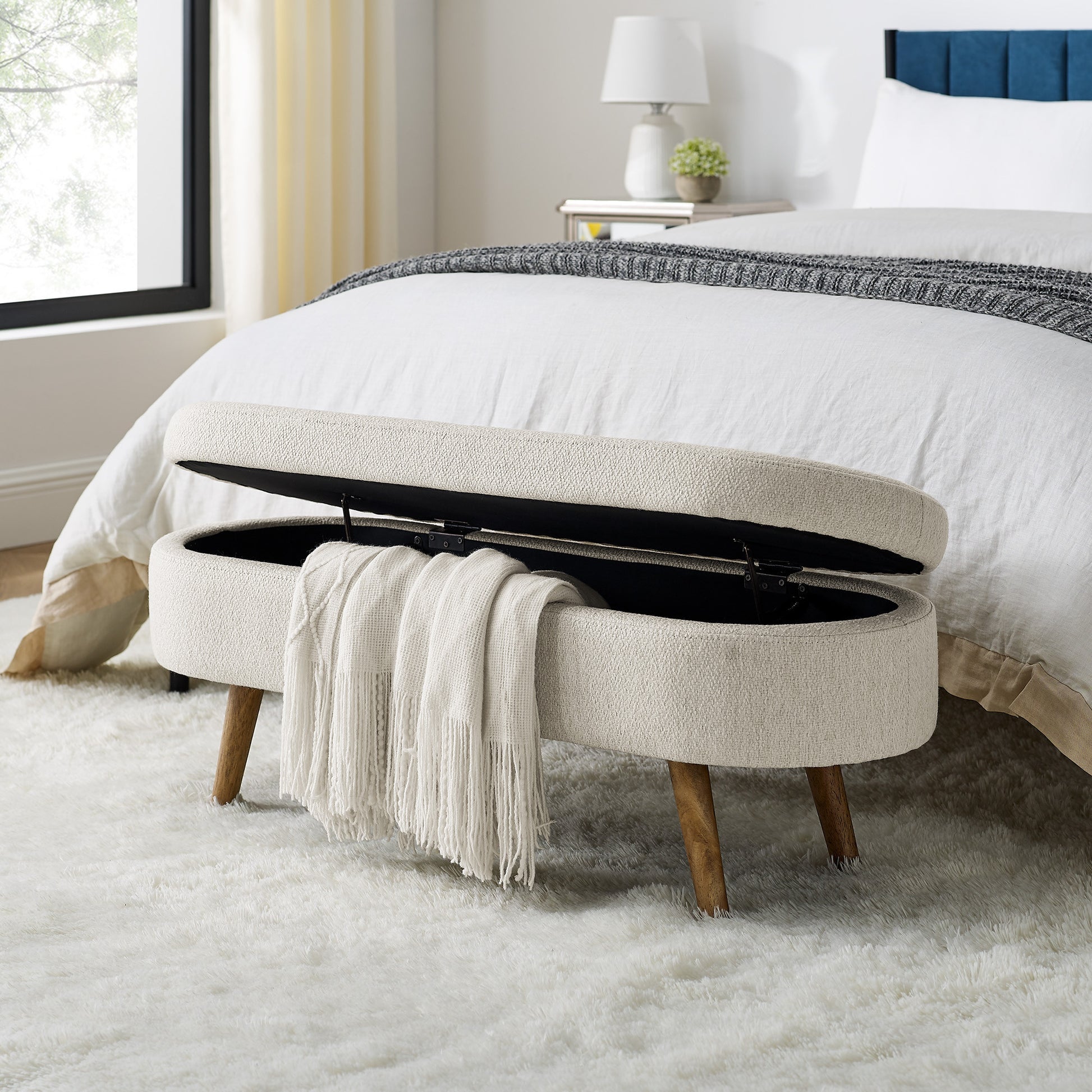 44" Beige and Brown Linen Upholstered Storage Bench with Flip Top-Benches-DECOROLALA