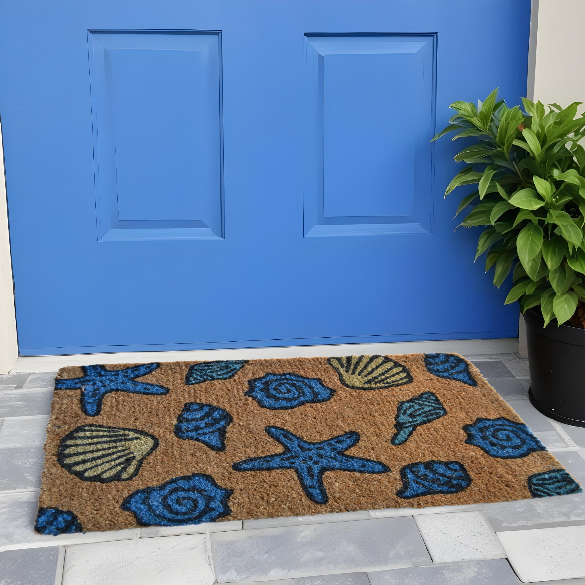 18" X 30" Blue and Brown Coir Seashells Outdoor Door Mat-0
