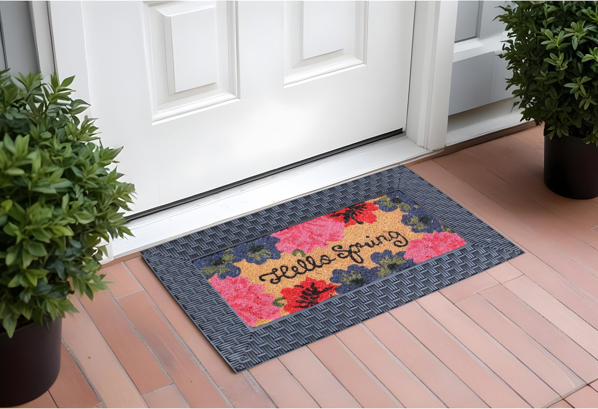 18" X 30" Brown and Black Rubber and Coir Spring Summer Outdoor Door Mat With Inserts-2
