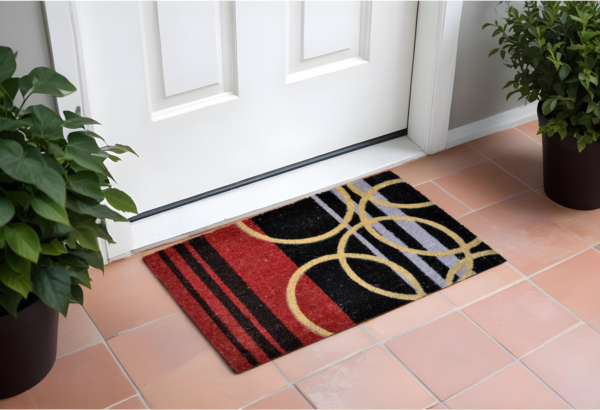 18" X 30" Black and Red Coir Striped Outdoor Door Mat-0