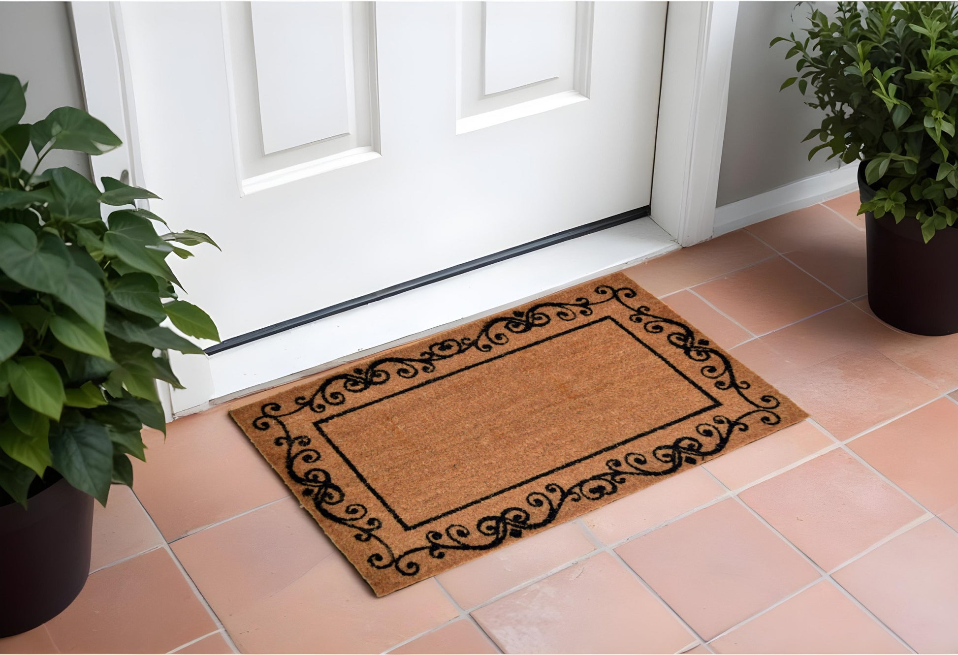 18" X 30" Brown and Black Coir Scrollwork Outdoor Door Mat-0