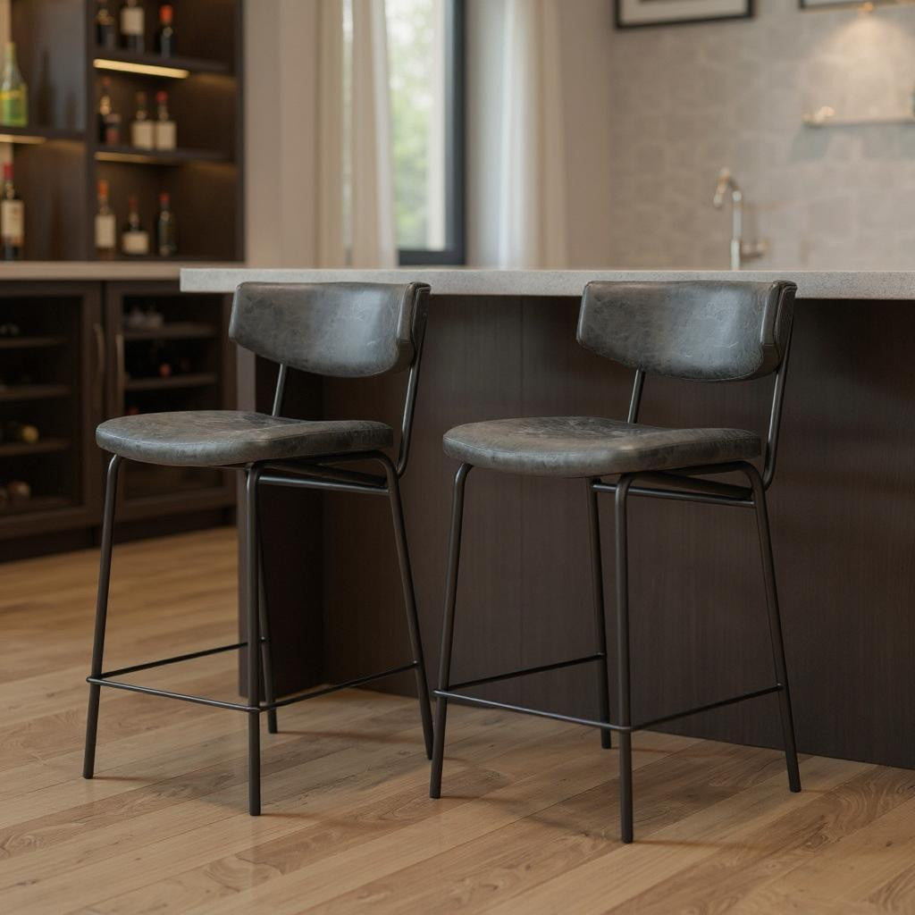 Set of Two 30" Black Faux Leather and Steel Low Back Bar Height Bar Chairs-0