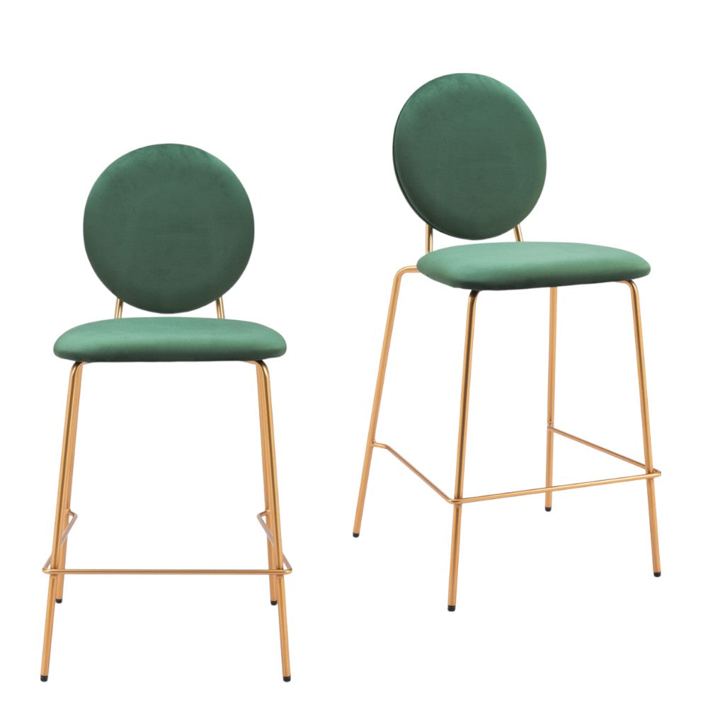 Set of Two 26" Green and Gold Velvet and Steel Counter Height Bar Chairs-1