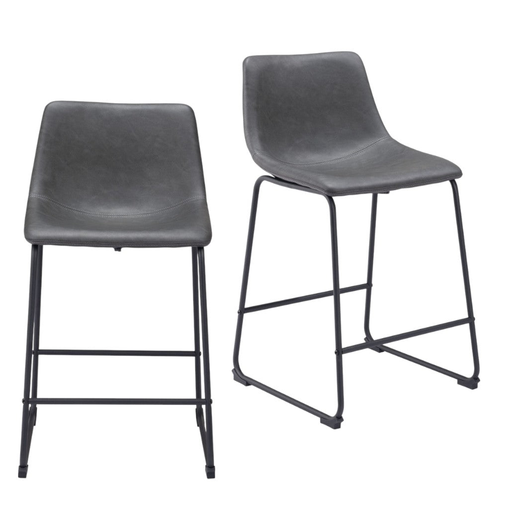 Set of Two 24" Charcoal and Black Faux Leather and Steel Counter Height Bar Chairs-1