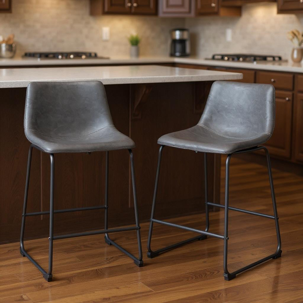 Set of Two 24" Charcoal and Black Faux Leather and Steel Counter Height Bar Chairs-0