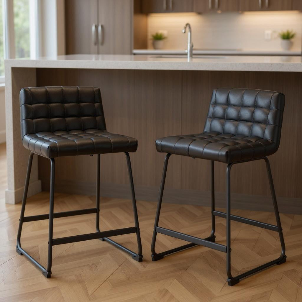 Set of Two 26" Black Faux Leather and Steel Counter Height Bar Chairs-0