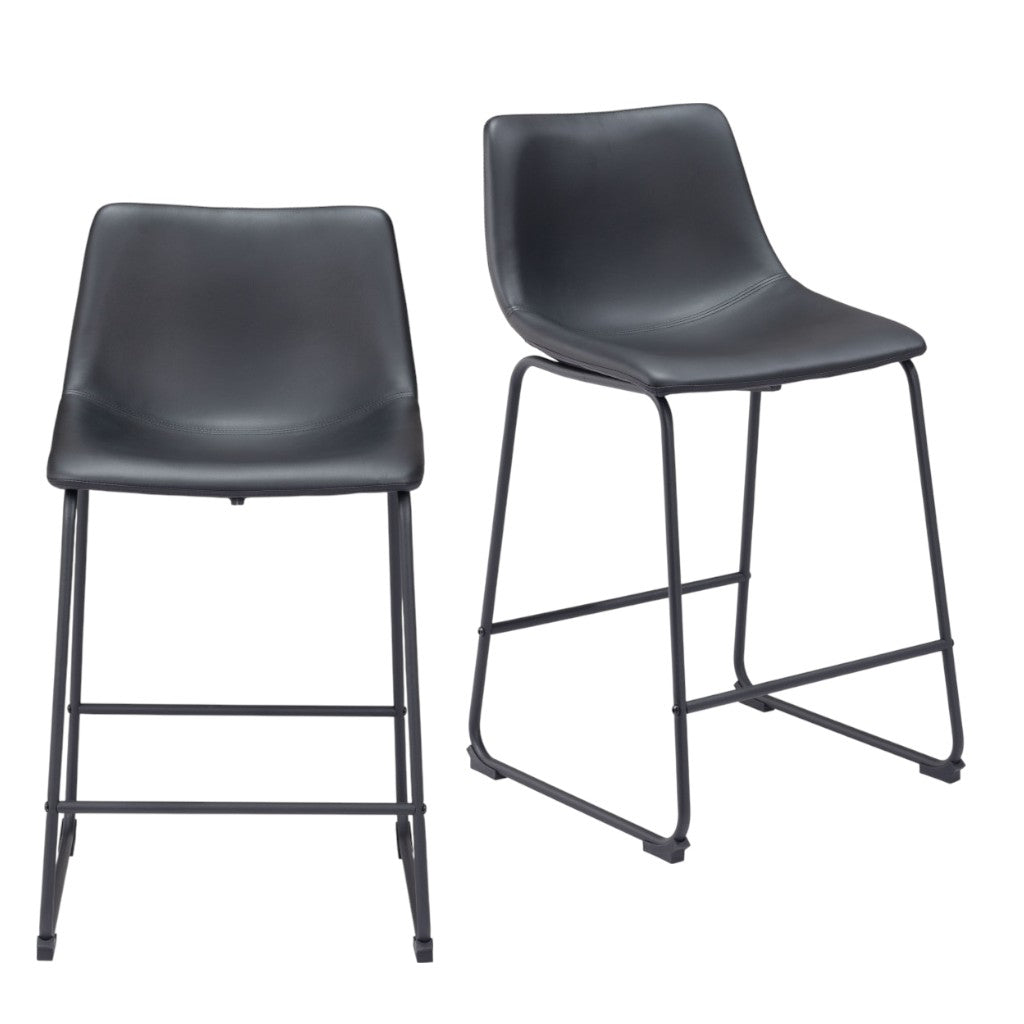 Set of Two 24" Black Faux Leather and Steel Counter Height Bar Chairs-1