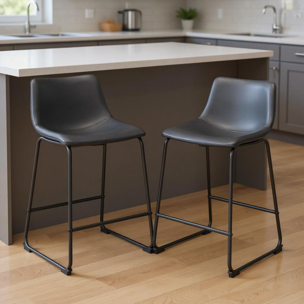 Set of Two 24" Black Faux Leather and Steel Counter Height Bar Chairs-0