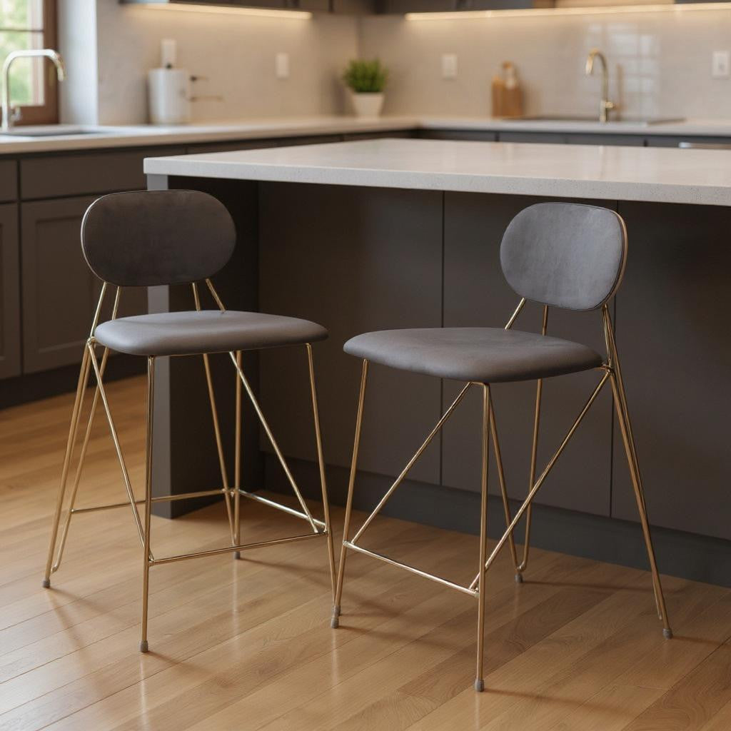 Set of Two 26" Gray and Gold Velvet and Steel Low Back Counter Height Bar Chairs-0