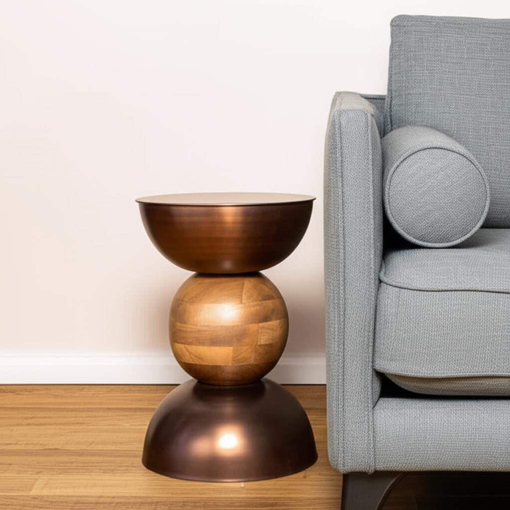 20" Bronze and Brown Iron and Solid Wood Round Pedestal End Table-End-Side Tables-DECOROLALA