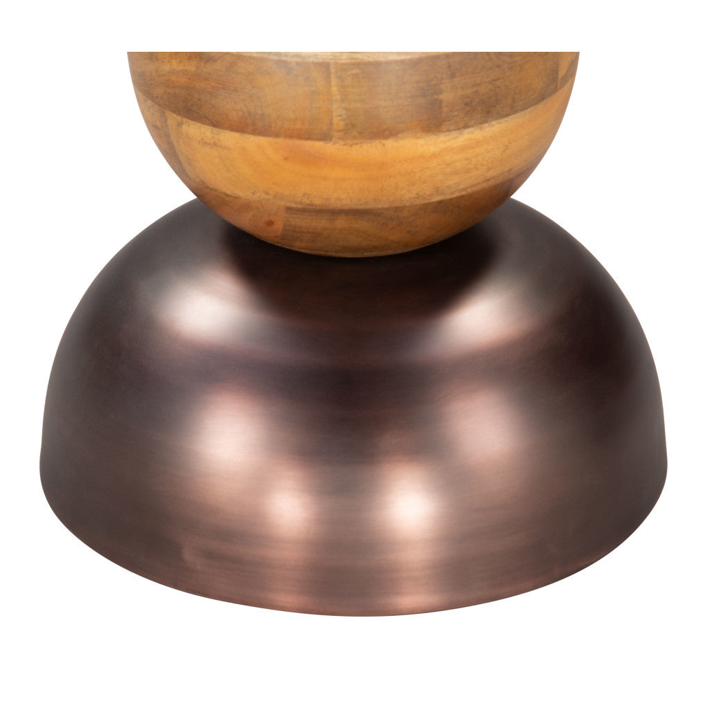 20" Bronze and Brown Iron and Solid Wood Round Pedestal End Table-End-Side Tables-DECOROLALA