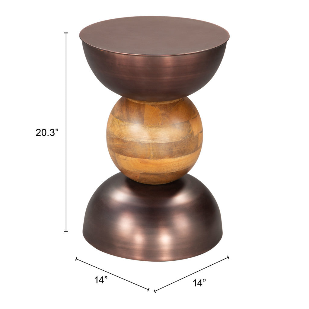 20" Bronze and Brown Iron and Solid Wood Round Pedestal End Table-End-Side Tables-DECOROLALA